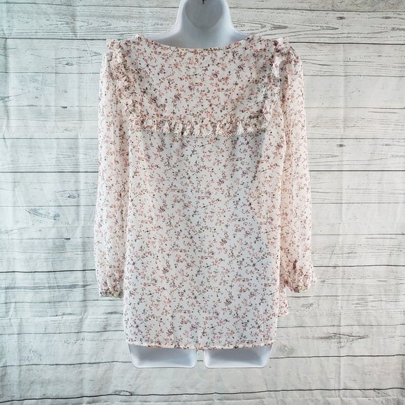 Gap Womens Blouse Sz Small Pink White Floral Long‎ Sleeve Semi Sheer Ruffle - Picture 4 of 5